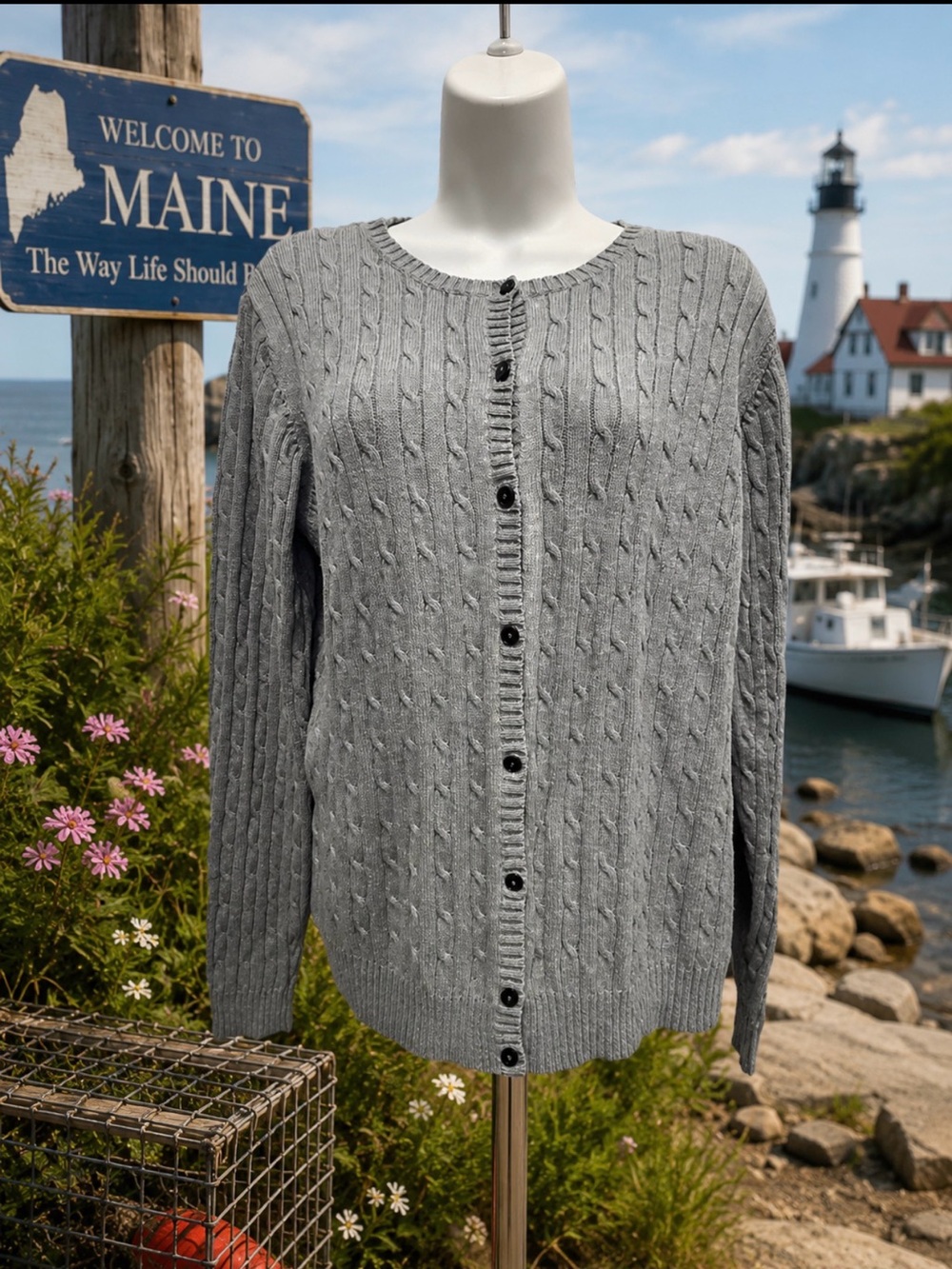 Eddie Bauer Gray Cable Knit Button-Up cotton Sweater size large
